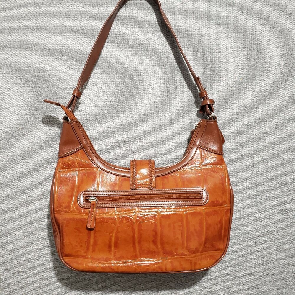 M.C. Brown Crocodile Pattern Embossed Leather Shoulder Handbag Silver accent